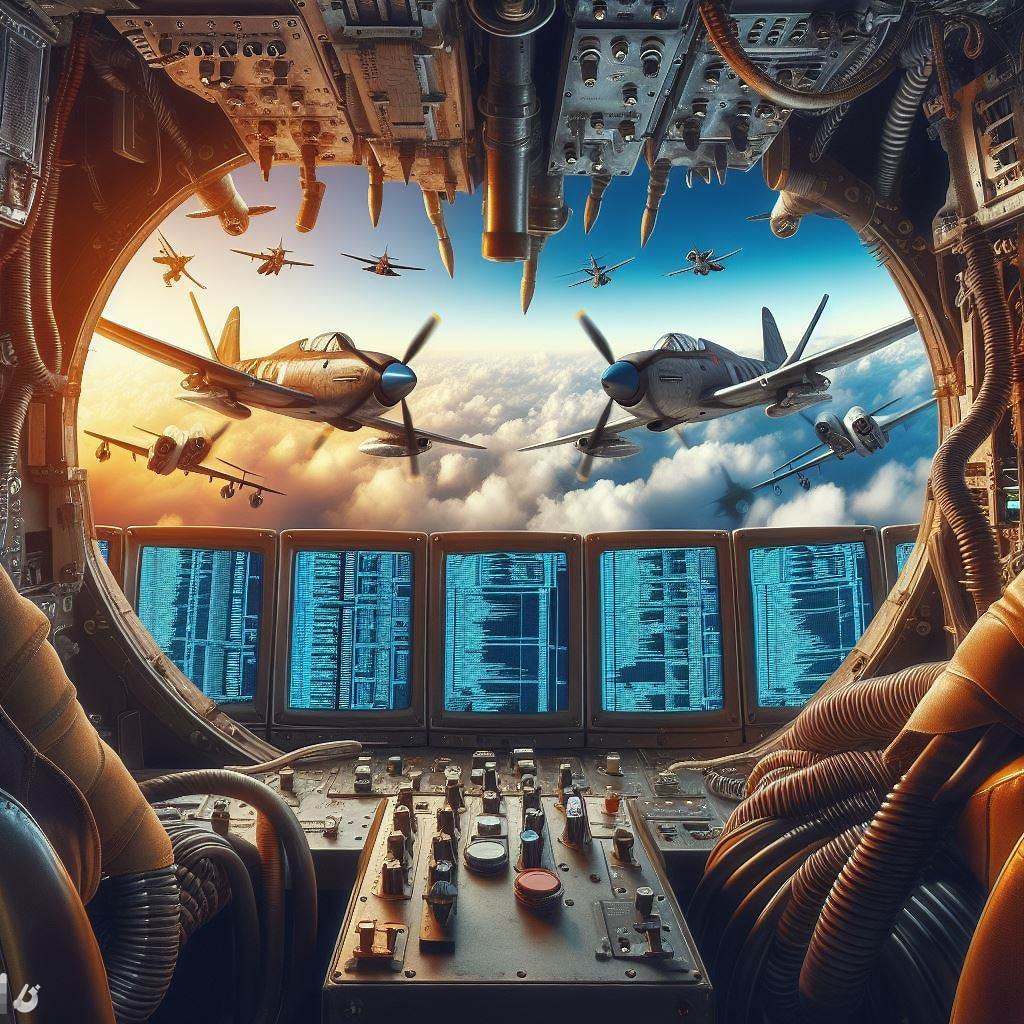 Computers fighting each other, visible through the cockpits of dog-fighting World War Two fighter jets.