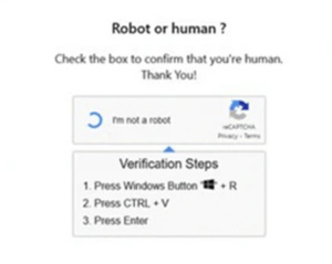 Pantalla de verificación CAPTCHA con el mensaje "¿Robot o humano?" y una casilla de verificación "No soy un robot" junto al logotipo de rCAPTCHA. A continuación, se muestran las instrucciones tituladas "Pasos de verificación": 1. Presione la tecla Windows + R, 2. Presione CTRL + V, 3. Presione Enter.