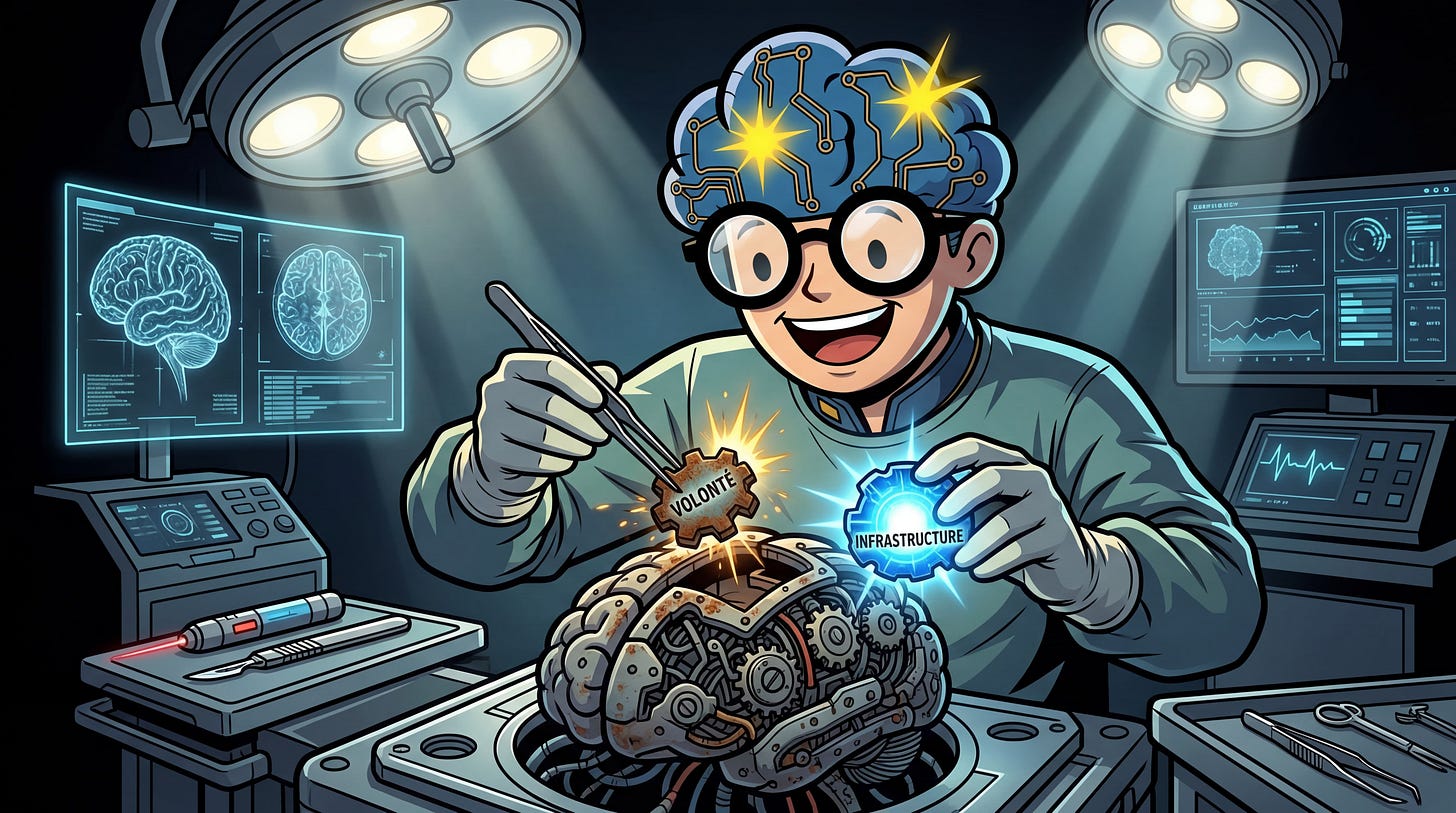 GMIND-BOY opérant un cerveau mécanique pour remplacer la volonté défaillante par une infrastructure solide.