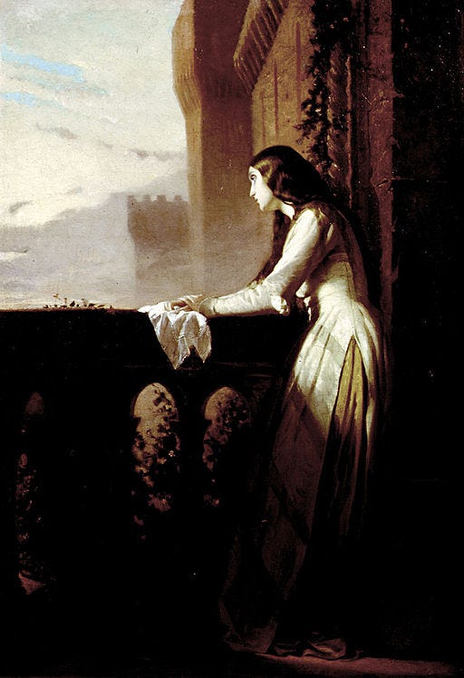 Pensive woman in white gazing out from castle balcony Pensive woman in white gazing out from castle balcony