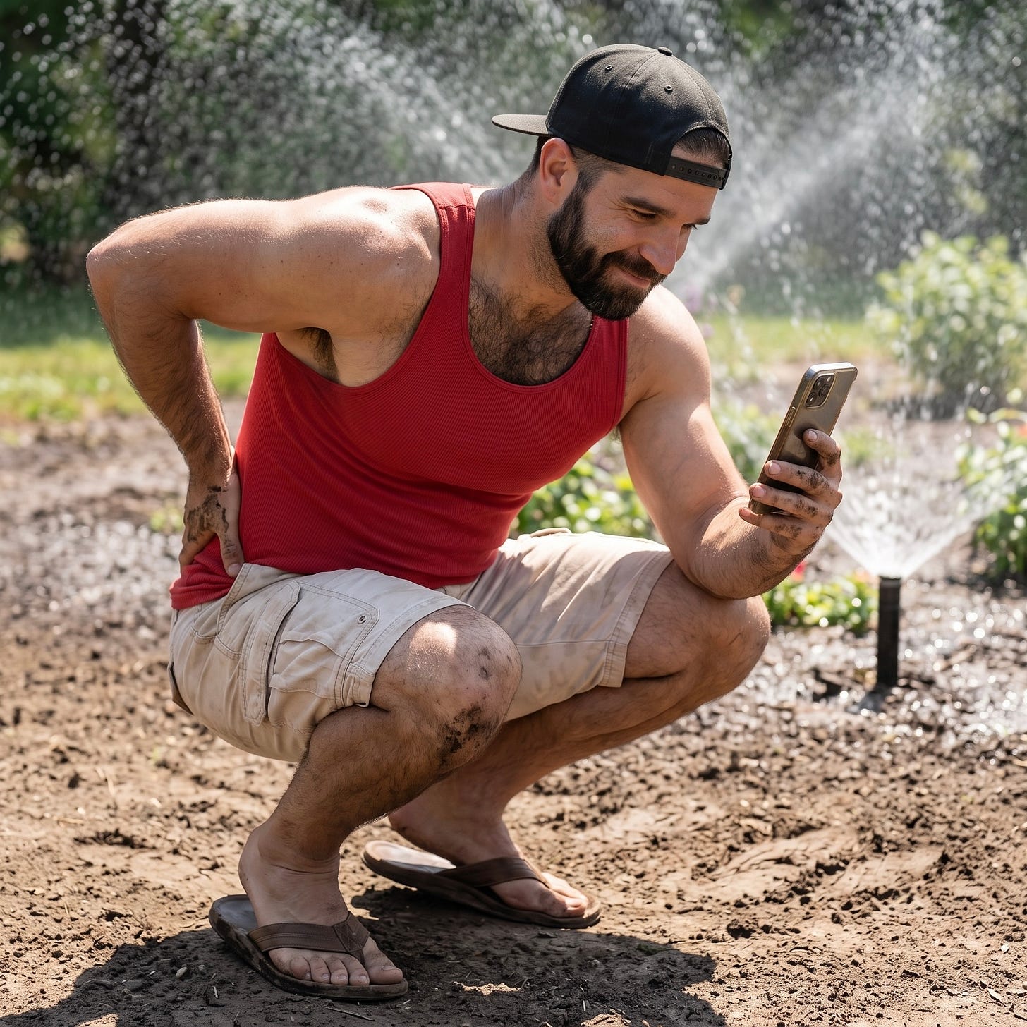 A muddy and exhausted Mitch crouches low, clutching his lower back in physical pain while staring intently at his smartphone, seeking online help for a sprinkler emergency. A muddy and exhausted Mitch crouches low, clutching his lower back in physical pain while staring intently at his smartphone, seeking online help for a sprinkler emergency.