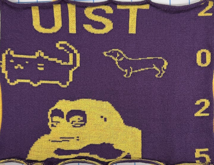top left: a blue and maroon bag. top right: a grid of animals with a cat, dog, gorilla and the text "UIST" across the top and "2025" going down the side in yellow and purple yarn. Bottom left: snoopy knit in seed stitch, bottom right: swirly yellow lines on purple background