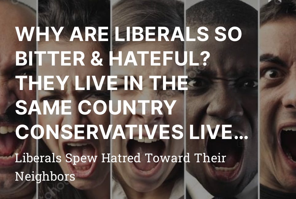 WHY ARE LIBERALS SO BITTER & HATEFUL? THEY LIVE IN THE SAME COUNTRY CONSERVATIVES LIVE IN.