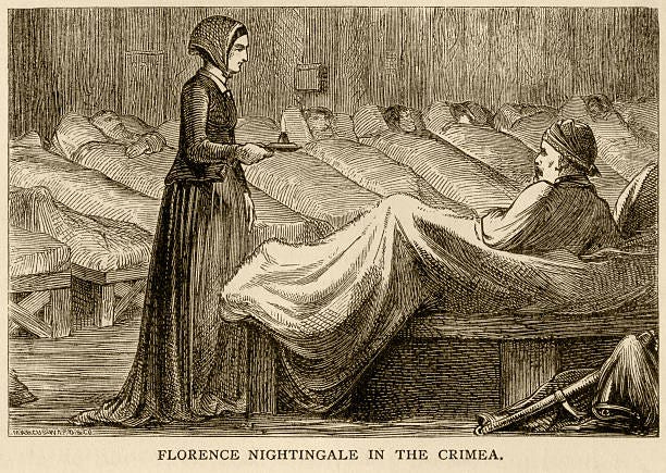Illustration of Florence Nightingale treating a cramped ward of patients during the Crimean War Illustration of Florence Nightingale treating a cramped ward of patients during the Crimean War