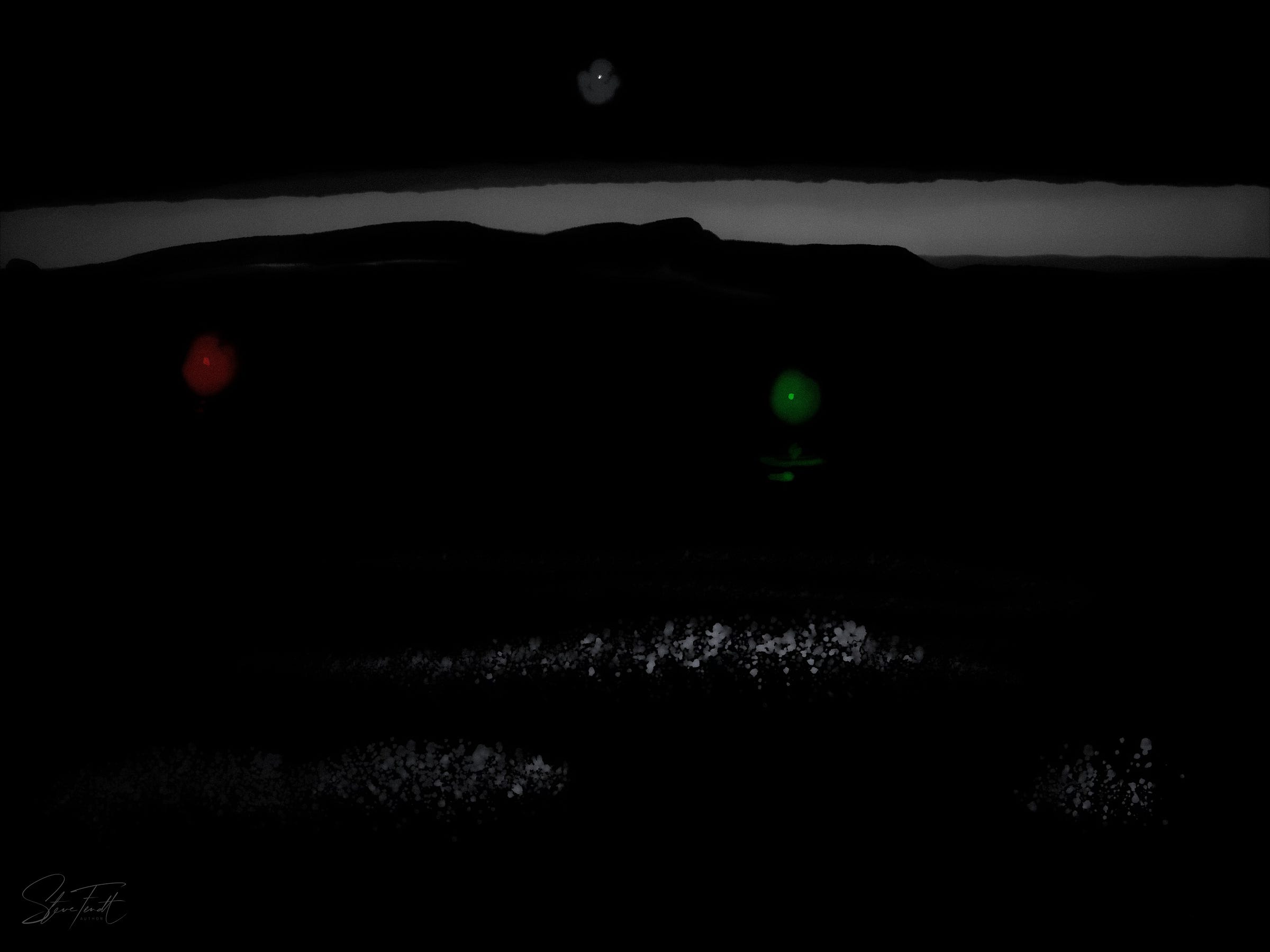 Charcoal and pastel sketch: seascape at night. Approaching a rocky coastline, a line of surf in the foreground, two navigation lights glowing faintly in the middle ground. Light on the horizon below a thick band of dark cloud, through which a fragment of the moon is just visible.