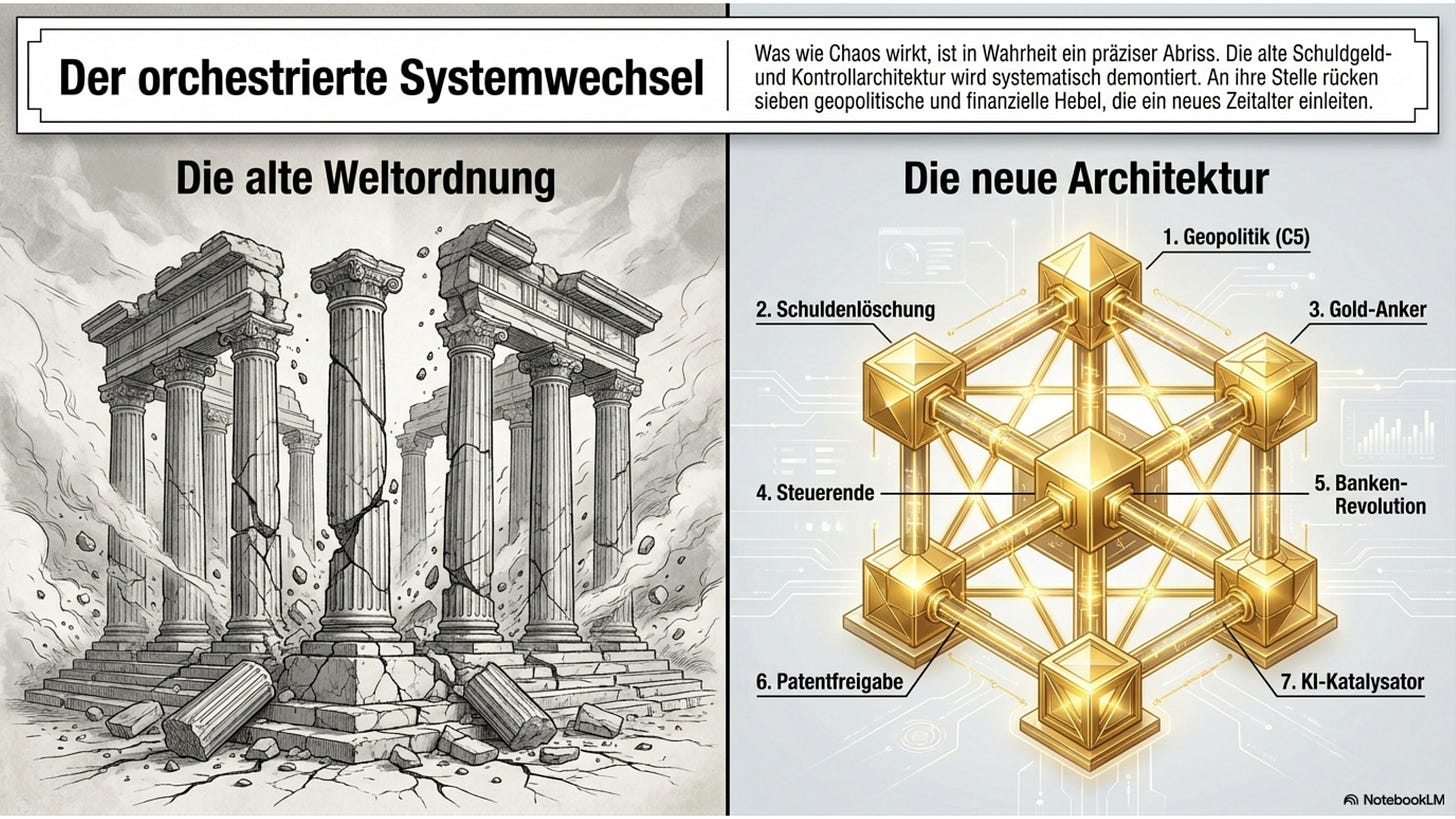 Der orchestrierte Systemwechsel: die zerfallende alte Weltordnung links, die neue Architektur aus sieben Hebeln rechts.