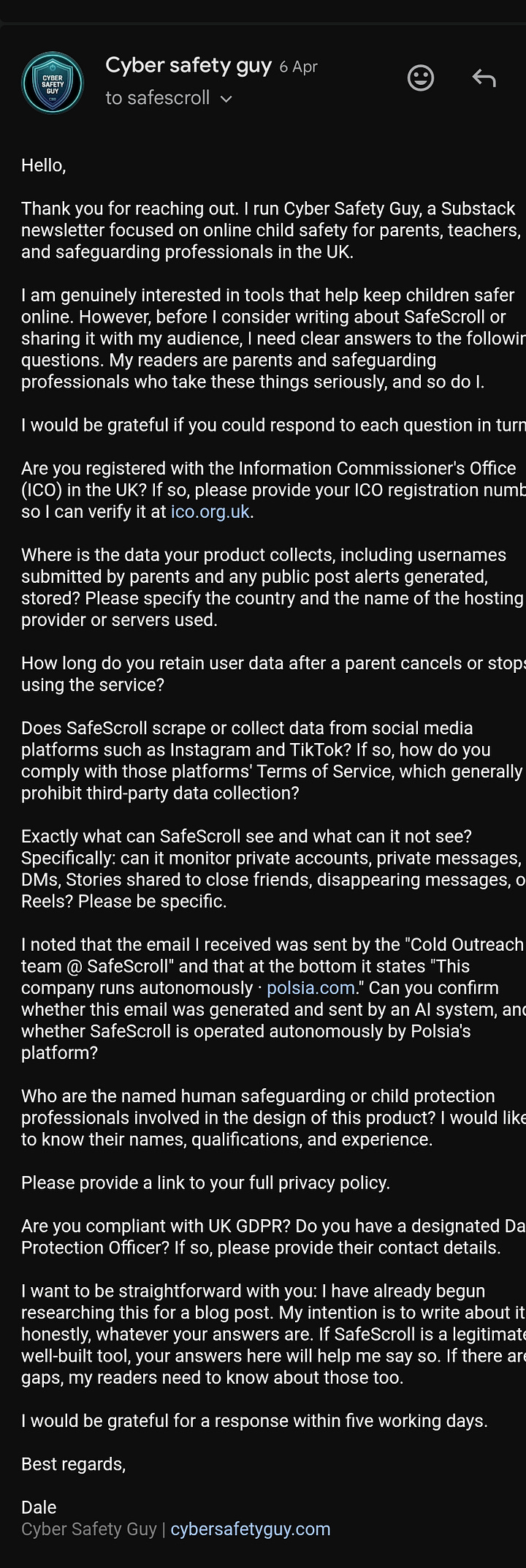 screenshots of an email exchange between myself and Safescroill