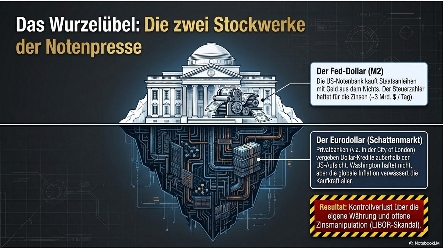 Das Wurzelübel: die zwei Stockwerke der Notenpresse — der Fed-Dollar oben, der Eurodollar-Schattenmarkt der City of London unten.