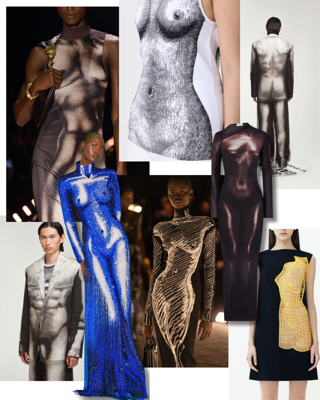 Met Gala 2026 fashion predictions mood board: body as canvas category featuring Schiaparelli sketched female form dress, Balmain blue sequin gown with nude body silhouette, Jean Paul Gaultier trompe l'oeil body suit, and designer looks with printed anatomical female torso — Fashion is Art dress code inspo