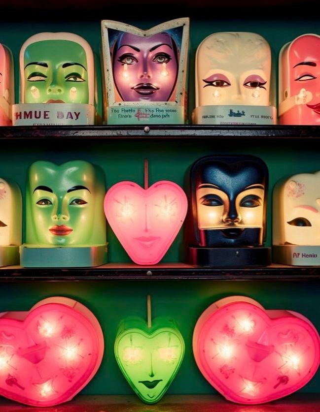 This may contain: many different colored masks with lights on them