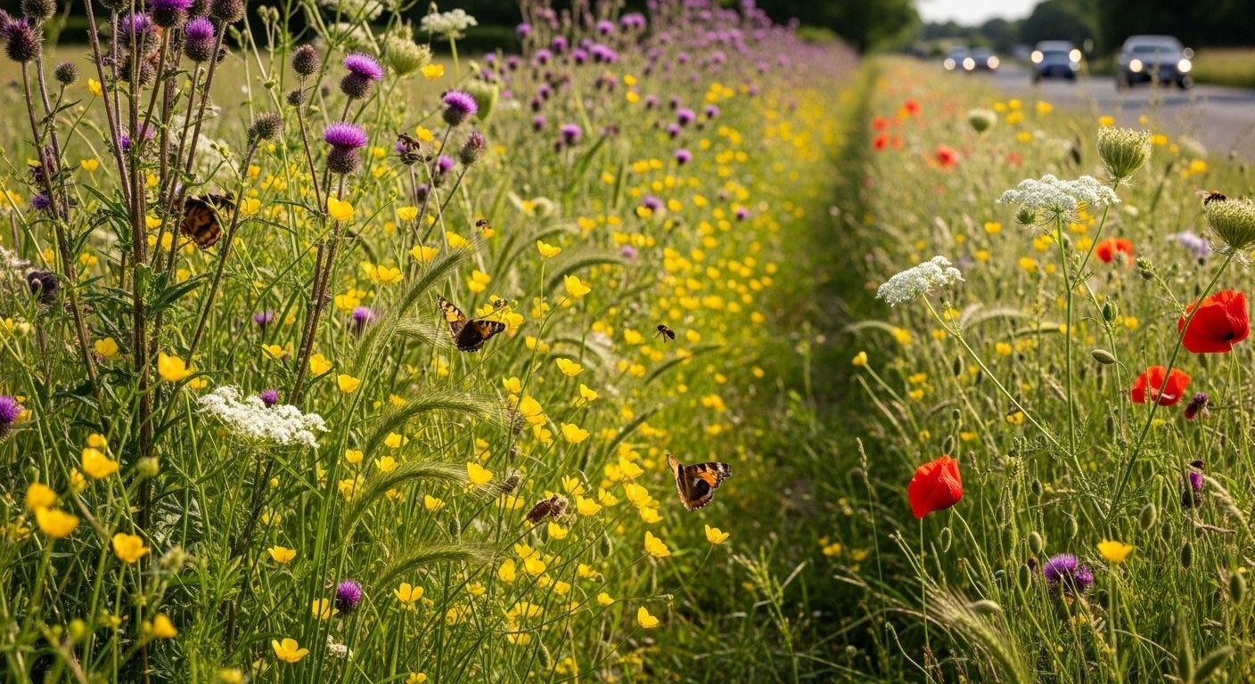 Roadside verges are now wildflower-rich habitats buzzing with life.