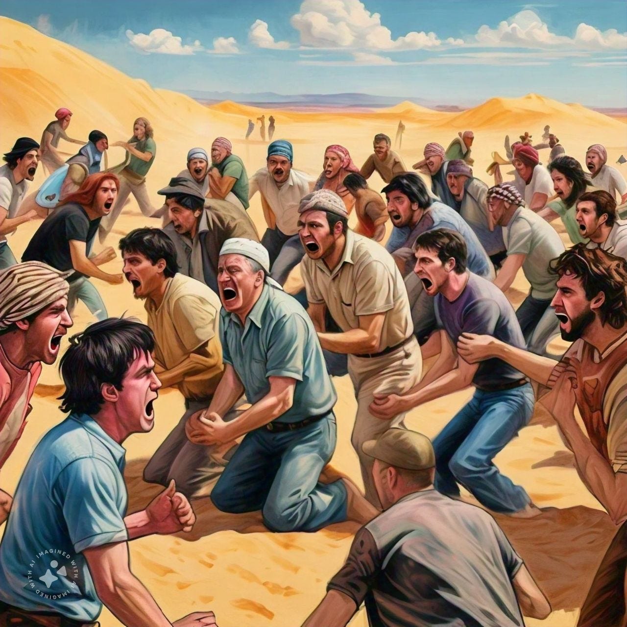 a computer-generated drawing of people screaming at each other, in the desert