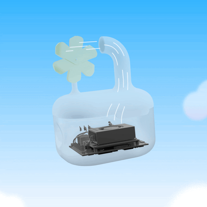 A GIF of Hot Air Factory, a small device that uses air to turn a small turbine, and visualises AI energy costs. The GIF shows an illustration of what the technology looks like inside the device and how it turns prompts into air. 