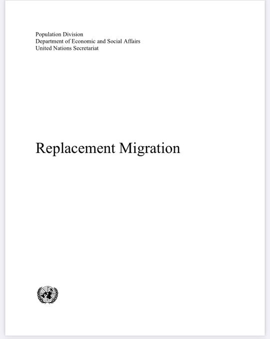 A document page with the title "Replacement Migration" in bold, centered text. Below the title, the text reads "Population Division, Department of Economic and Social Affairs, United Nations Secretariat." At the bottom, the United Nations logo is visible, featuring a world map within a laurel wreath and the text "United Nations" around it. A document page with the title "Replacement Migration" in bold, centered text. Below the title, the text reads "Population Division, Department of Economic and Social Affairs, United Nations Secretariat." At the bottom, the United Nations logo is visible, featuring a world map within a laurel wreath and the text "United Nations" around it.