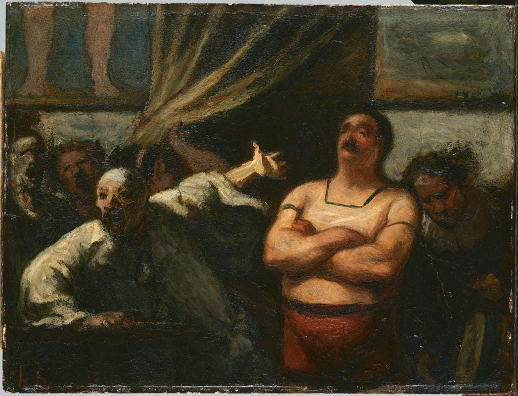Man gestures to strong man with folded arms Man gestures to strong man with folded arms
