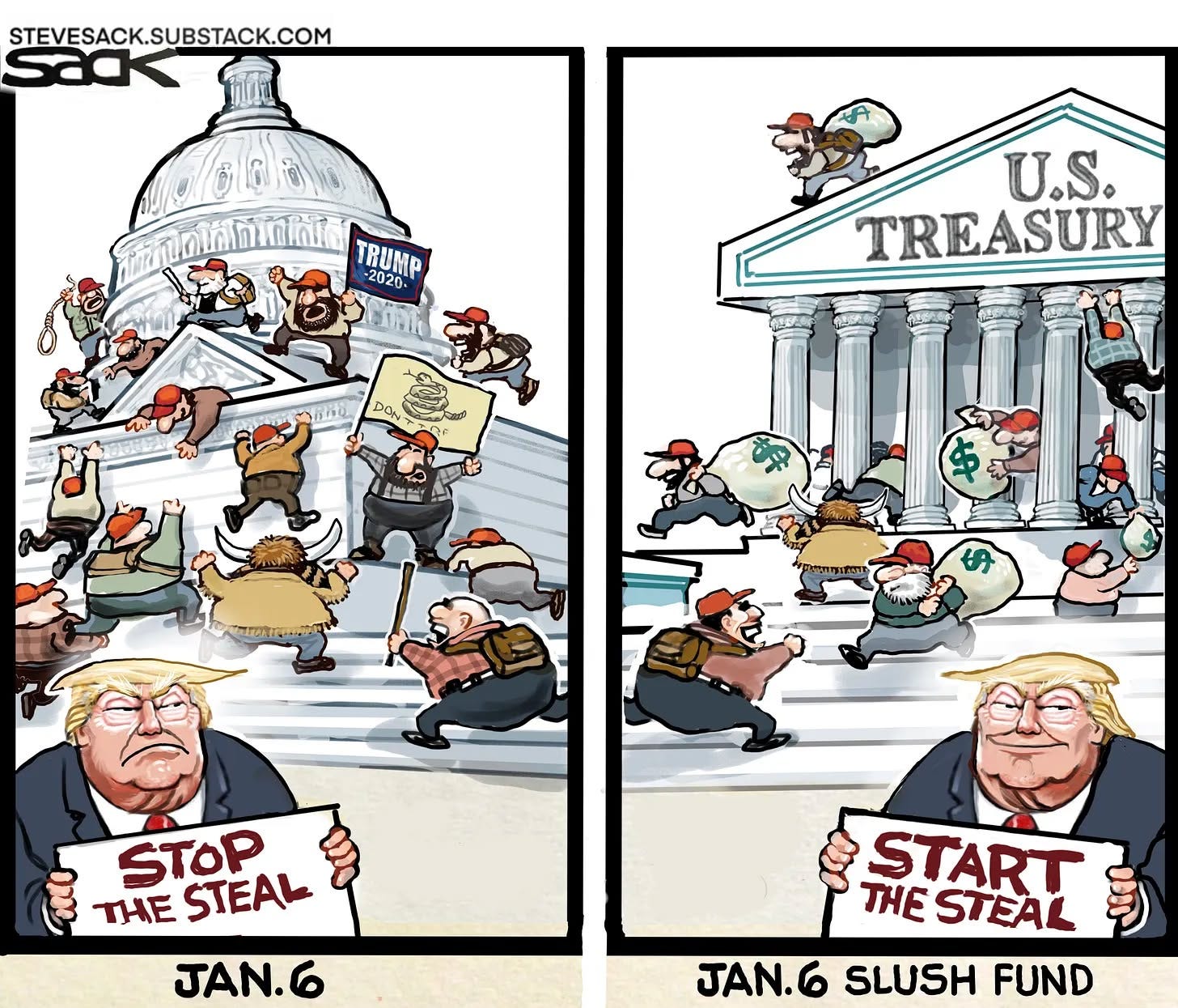 May be an image of text that says 'STEVESACK.SUBSTACK.COM TRUMP -2020 U.S. TREASURY 0 山日 $ STOP THE STEAL JAN.6 START ឱ THE THESTEAL ST STEAL JAN.6SLUSHFUND JAN.6 SLUSH FUND'