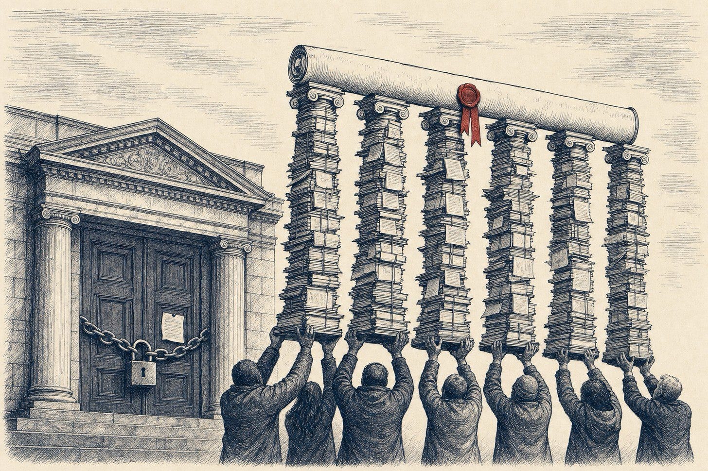 Ink illustration: six figures hold aloft six columns built entirely of stacked documents, together bearing a great sealed scroll marked with a red wax ribbon, beside a courthouse whose doors are wrapped in chain and padlock.