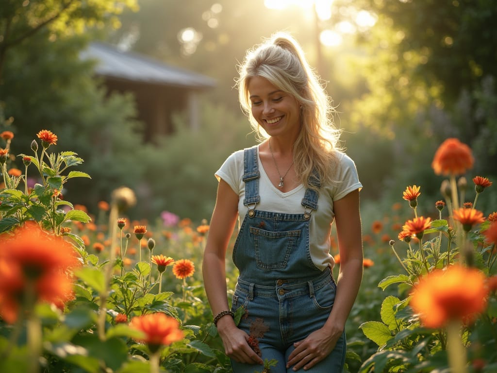 A woman flourishing in her flower garden.