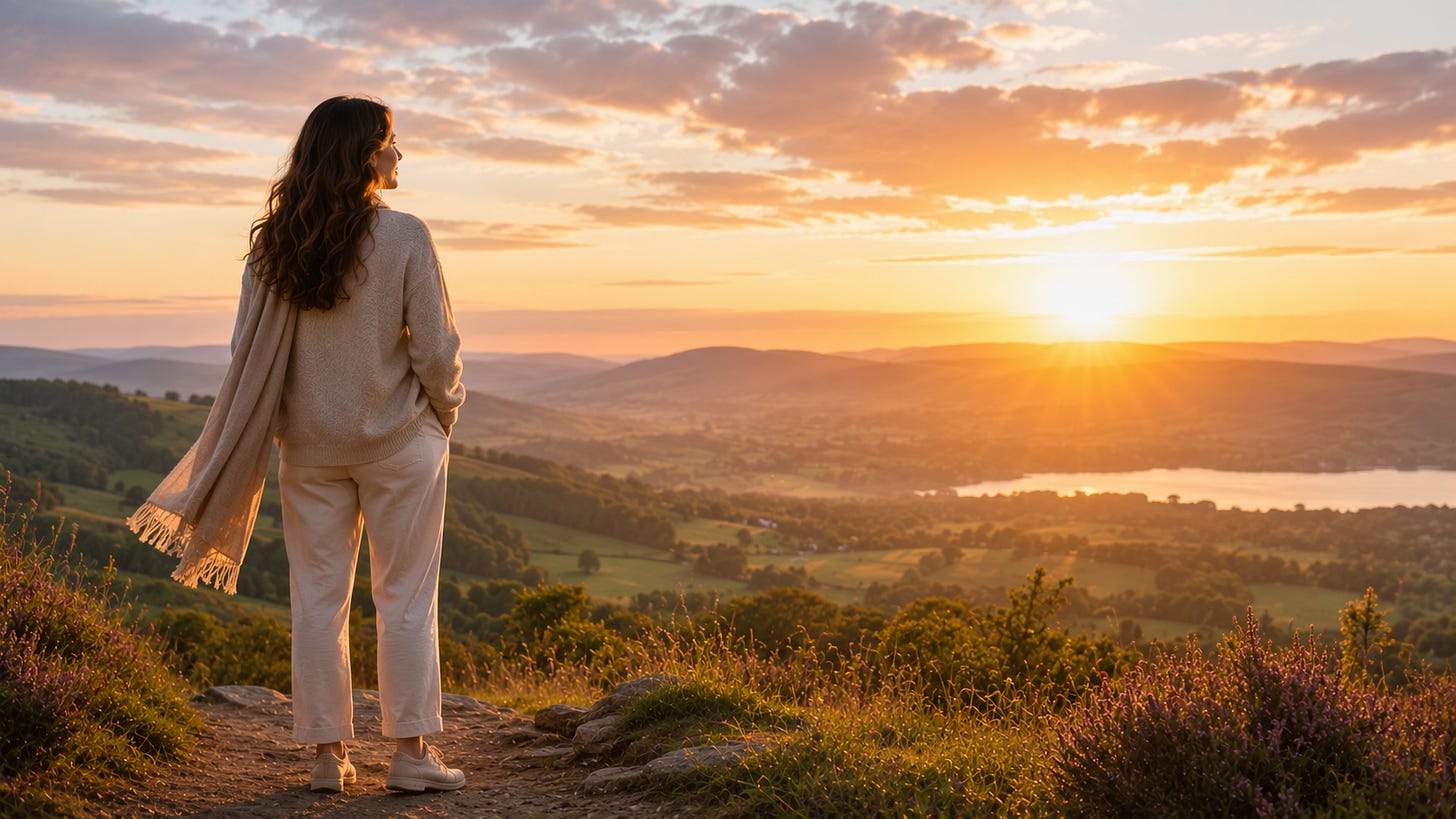 A woman with long brown hair stands on a hill at sun rise looking out to the horizon. There is a slight breeze blowing a shawl that she carries on one shoulder.