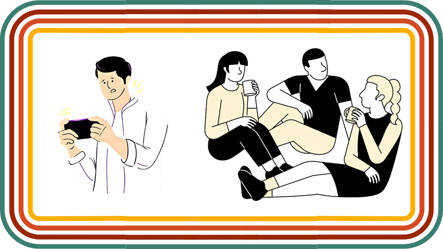 An illustration showing a man engrossed  in his phone on the left, and a group of people sitting together, chatting and drinking, on the right.