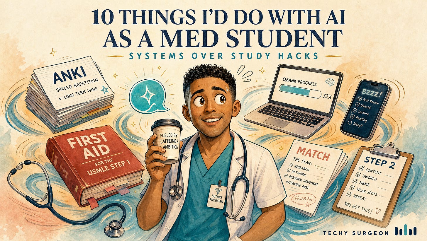 Editorial cartoon of an overwhelmed medical student surrounded by Anki cards, First Aid, and AI chat bubbles