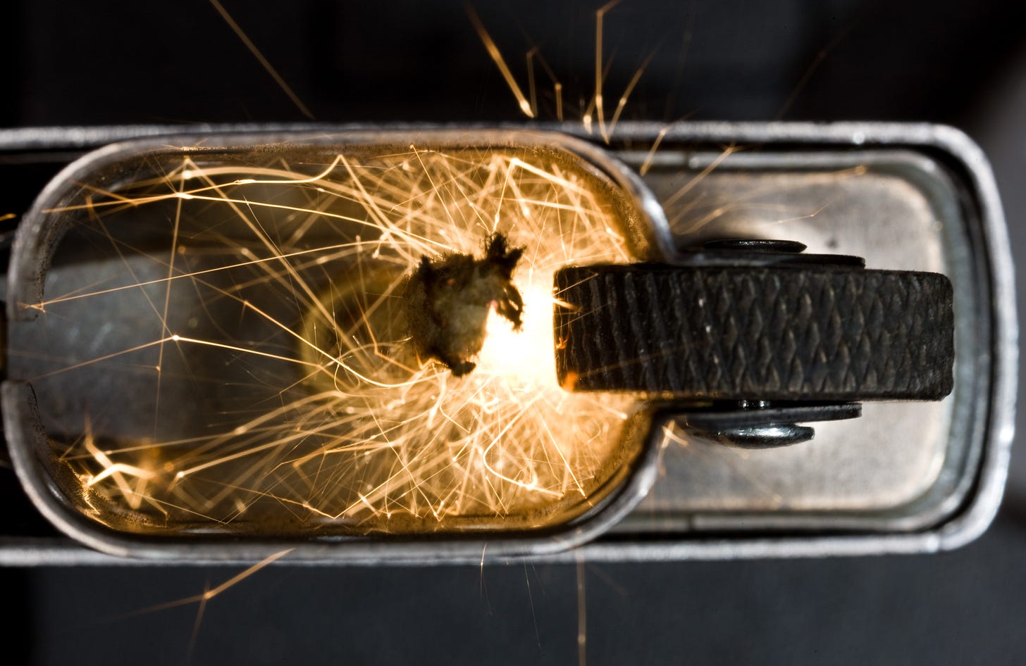 The flint wheel of a Zippo lighter from above with a live spark, sending flaming trails, though I think that's just a function of the length of the photo exposure. 