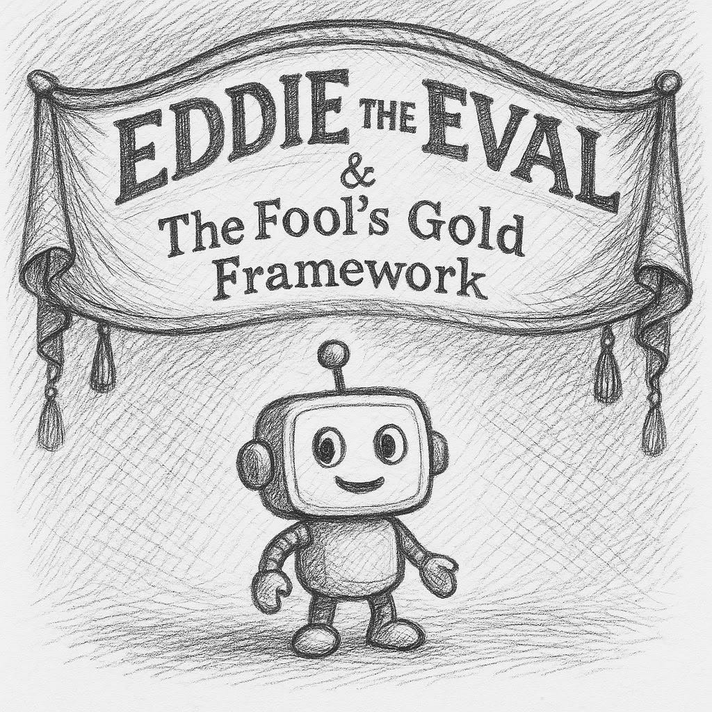 Hand-drawn pencil sketch of carnival banner reading "Eddie the Eval" with small anthropomorphized AI character mascot