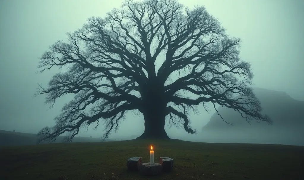 A lone candle flickers beneath a vast, bare tree in a fog-covered field, evoking a quiet ritual of attention, solitude, and connection to the ancient rhythms of the natural world.