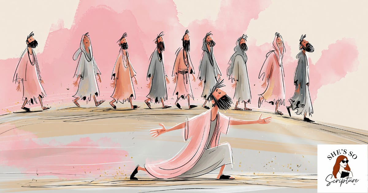 Whimsical watercolor illustration of ten men in tattered robes on a dusty road, nine walking into the distance while one kneels in gratitude, his skin healed, in blush pink and cream tones. Whimsical watercolor illustration of ten men in tattered robes on a dusty road, nine walking into the distance while one kneels in gratitude, his skin healed, in blush pink and cream tones.