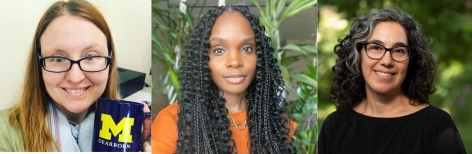 A horizontal collage presents three portrait photos of women framed from the shoulders up. On the left, a woman with light skin and glasses smiles while holding a navy mug with a large yellow “M” logo; the background appears to be an indoor office. In the center, a woman with long braided hair and an orange top is photographed indoors with leafy plants behind her, while the right image shows a woman with curly dark hair and glasses smiling outdoors against a softly blurred green background. A horizontal collage presents three portrait photos of women framed from the shoulders up. On the left, a woman with light skin and glasses smiles while holding a navy mug with a large yellow “M” logo; the background appears to be an indoor office. In the center, a woman with long braided hair and an orange top is photographed indoors with leafy plants behind her, while the right image shows a woman with curly dark hair and glasses smiling outdoors against a softly blurred green background.