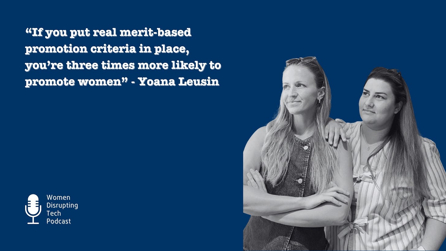 Picture of impowr founders Tiffany Aude and Yoana Leusin with a quote by Yoana from episode 132 of the podcast Women Disrupting Tech titled 'Designing The Workplace Women in Tech Actually Want'.