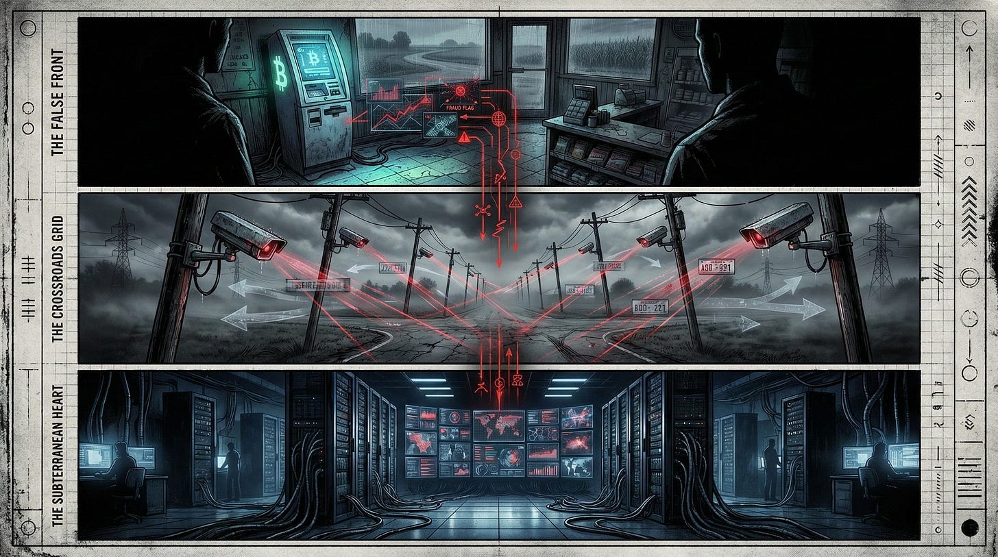 Dark graphic-novel illustration of a stylized ATM cut open to reveal an underground matrix of fiber-optic cables, data tunnels, and surveillance infrastructure. Red and blue lighting creates a noir, high-contrast atmosphere, symbolizing the hidden data extraction behind consumer protection narratives.