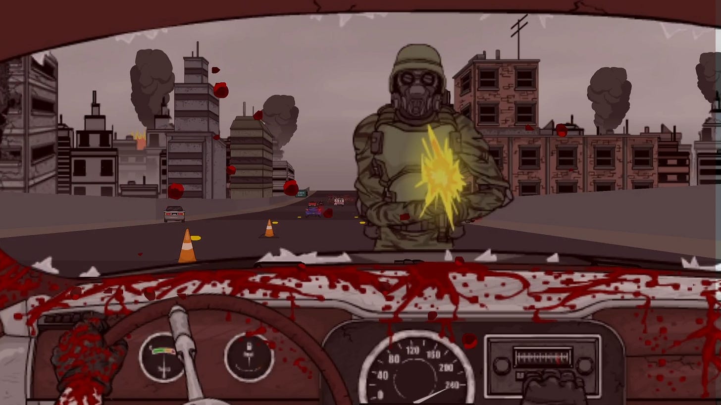 A soldier shooting a runaway car on a busy freeway