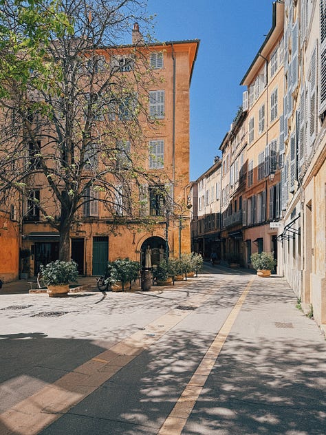 Photos de notre week-end à Aix - moi assise sur une fontaine d'une belle place qui m'a rappelé Venise, une photo de gnocchis végétariens maison fort bons, le coin d'une rue ensoleillée du centre-ville.