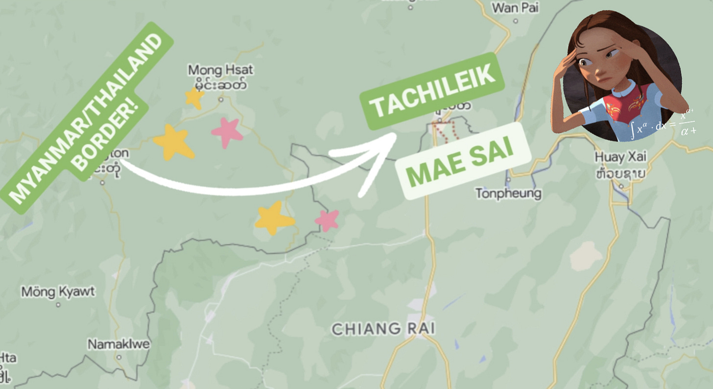 Map showing the border between Thailand and Myanmar, a cartoon character thinking as she looks at that border. 