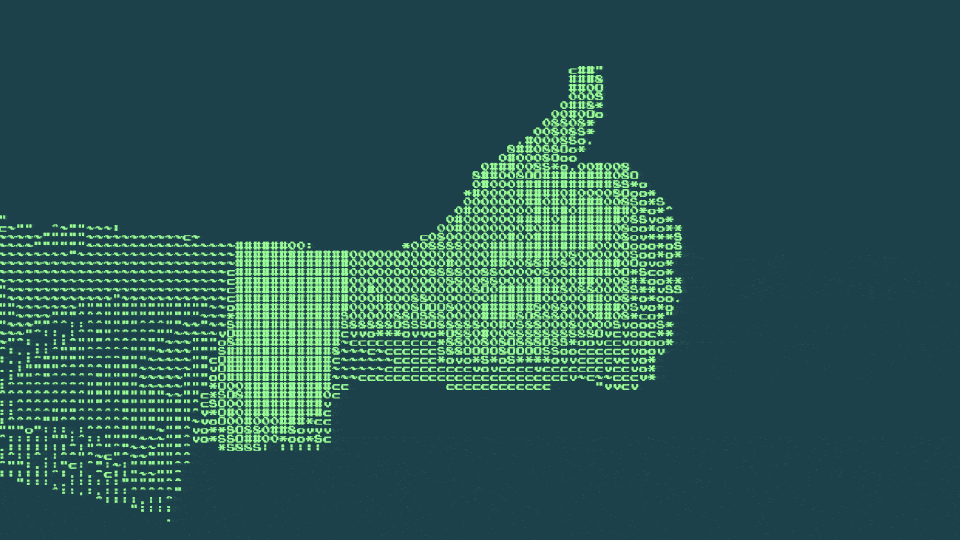 A GIF of a green, pixelated arm with a 'thumbs up' come into frame against a blue background