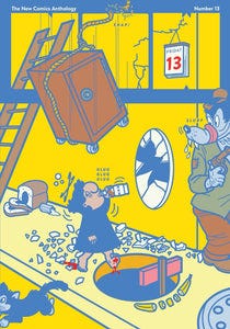 The cover to Now #13, featuring an illustration of a person wandering through a series of symbols of bad luck, including Friday the 13th, a broken mirror, spilled salt, a black cat, and walking under a latter. The person's feet are bleeding as they drink from a bottle of liquor. A safe is about to fall on their head, the are about to fall into a manhole, and a hungry wolf waits around the corner with a gun.