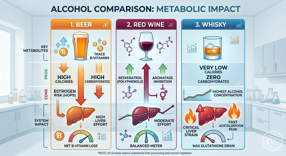 A scientific infographic comparing the metabolic and hormonal impacts of beer, red wine, and whisky on the male body, illustrating nutrient depletion, estrogenic risks, aromatase inhibition, and liver strain.