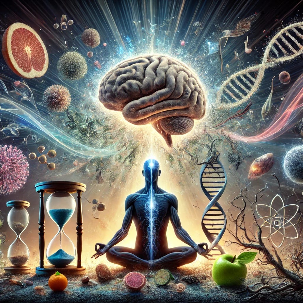 A surreal, symbolic representation of health themes such as Diabetes, Fasting, Migraines, Autophagy, Diets, and Cancer. The central image is a human silhouette in a meditative pose, representing fasting and healing. Flowing light encircles the figure, symbolizing autophagy and cellular repair. A brain with soft light beams around it symbolizes relief from migraines, while subtle DNA strands and cells symbolize healing and transformation. Nearby, an hourglass with glowing sand represents time and fasting. Dark, tangled vines in the distance represent diseases like cancer, with bright, healthy plants emerging, symbolizing healing through nutrition and diets. A surreal, symbolic representation of health themes such as Diabetes, Fasting, Migraines, Autophagy, Diets, and Cancer. The central image is a human silhouette in a meditative pose, representing fasting and healing. Flowing light encircles the figure, symbolizing autophagy and cellular repair. A brain with soft light beams around it symbolizes relief from migraines, while subtle DNA strands and cells symbolize healing and transformation. Nearby, an hourglass with glowing sand represents time and fasting. Dark, tangled vines in the distance represent diseases like cancer, with bright, healthy plants emerging, symbolizing healing through nutrition and diets.