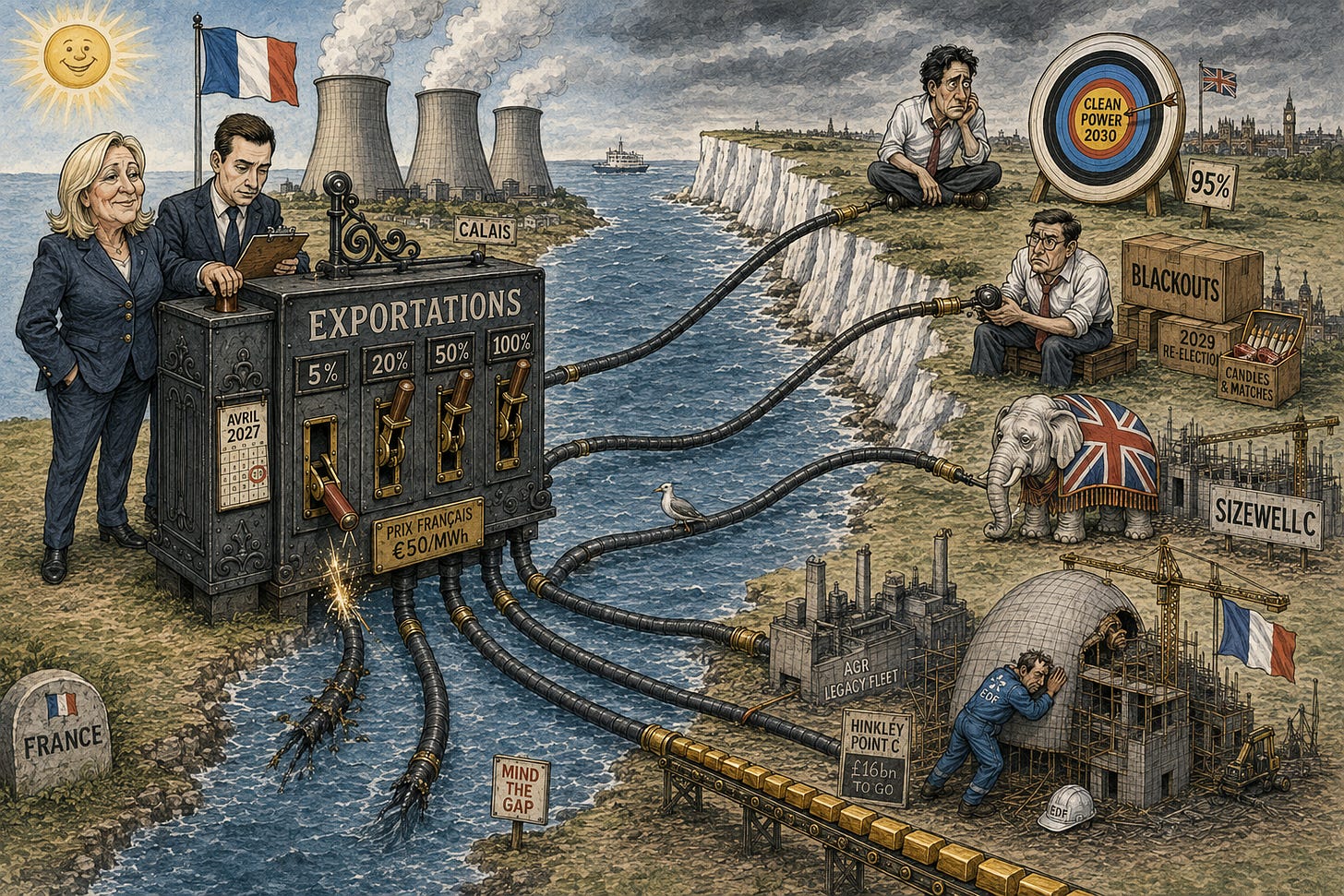 Editorial cartoon: Marine Le Pen and Jordan Bardella stand on the French coast at an ornate fuse box marked EXPORTATIONS, with switches labelled 5%, 20%, 50% and 100% — the 5% switch thrown and its cable sparking. A calendar reads AVRIL 2027 and a plaque PRIX FRANÇAIS €50/MWh. Four subsea cables cross the Channel to England, where Ed Miliband sits beside a CLEAN POWER 2030 target, Andy Burnham sits on a crate with boxes marked BLACKOUTS and 2029 RE-ELECTION, a white elephant in a Union Jack blanket stands at SIZEWELL C, and a lone EDF workman props up the half-built dome at HINKLEY POINT C, £16bn TO GO