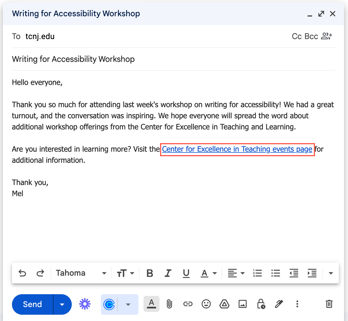 Screenshot of an email about a Writing for Accessibility workshop addressed to tcnj.edu, thanking recipients for attending and providing a hyperlink for more information, with a toolbar showing formatting options.