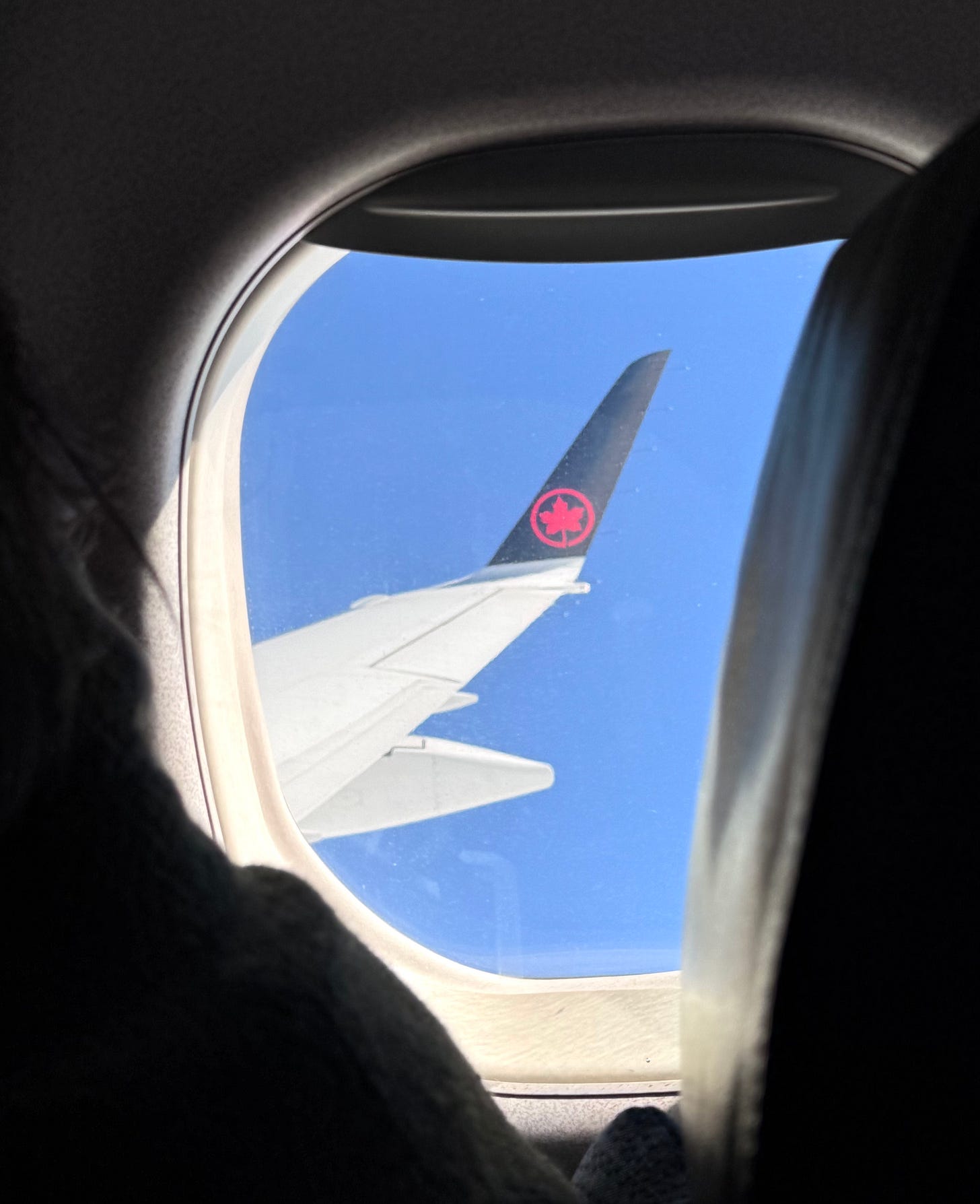 A photo taken through the airplane window that shows the plane's wing. On the wing is a maple leaf logo.