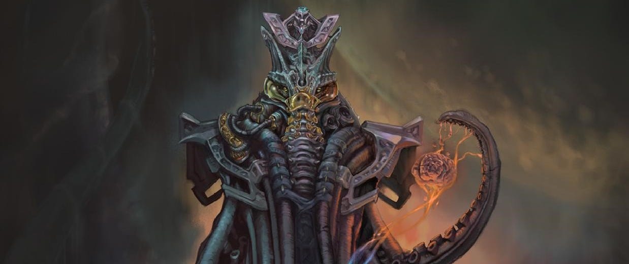 An imposing, tentacled being looks towards the viewer, one tentacle curling up on his left. An imposing, tentacled being looks towards the viewer, one tentacle curling up on his left.
