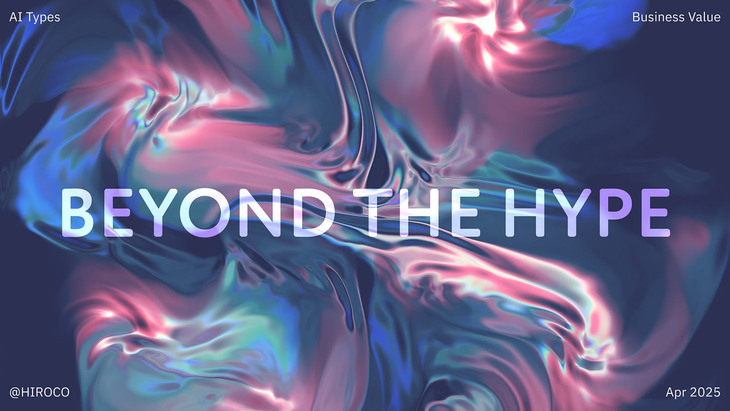 Abstract digital fluid art in purple, pink, and blue tones with swirling patterns. The text "BEYOND THE HYPE" appears prominently in the center in a modern, gradient font. "AI Types" is displayed in the top left corner, while "Business Value" appears in the top right. The HIROCO handle (@HIROCO) is visible in the bottom left with "Apr 2025" in the bottom right. The image represents cutting through AI marketing hype to focus on practical business applications of different AI technologies.