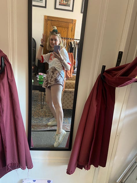 three mirror selfies: one with a peace sign and leg popped out, one peace sign, one holding various takeout containers stacked and secured beneath girl's chin