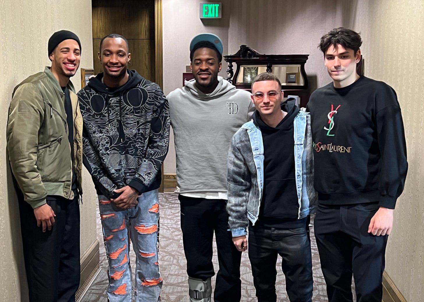 Haliburton and Solomon with IU players Tamar Bates, Xavier Johnson and Trey Galloway.