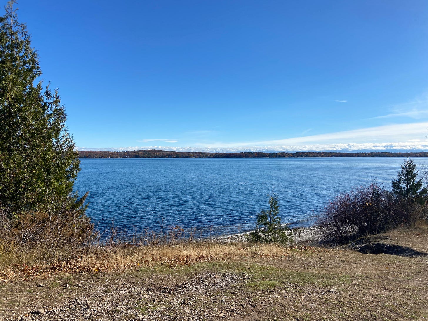 A view of the water in Sturgeon Bay. The land is mostly flat and there is grass and a few trees in the foreground and a wide, blue expanse of water in the middle of the frame. You can see the other side of bay where there are more trees in the distance. The sky is blue with streaks of white clouds.