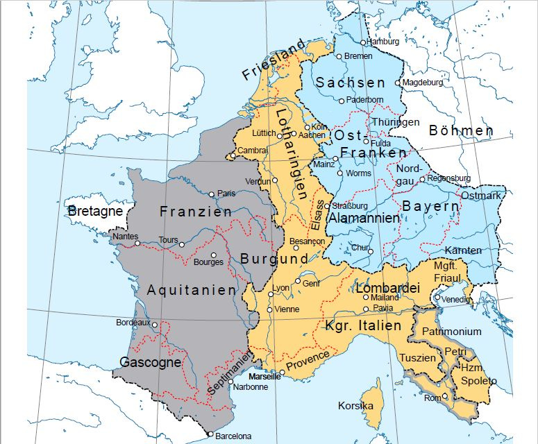 Division of the Frankish Empire in 843 at Verdun taken from https://de.wikipedia.org/wiki/Fr%C3%A4nkisches_Reich#/media/Datei:Vertrag_von_Verdun.svg