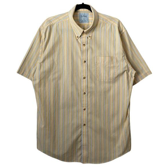 LL Bean Shirt Mens Large Yellow Blue Striped Button Up Short Sleeve 100% Cotton - Picture 1 of 11
