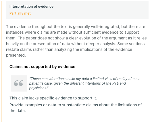 thesify Feedback Interpretation of Evidence Partially Met A screenshot of thesify feedback showing Interpretation of Evidence status as Partially Met and highlighting a claim about data limitations lacking specific evide